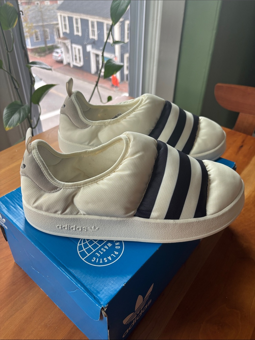 adidas Mens Puffylette Cream Slip-On Sneakers with Black Stripes